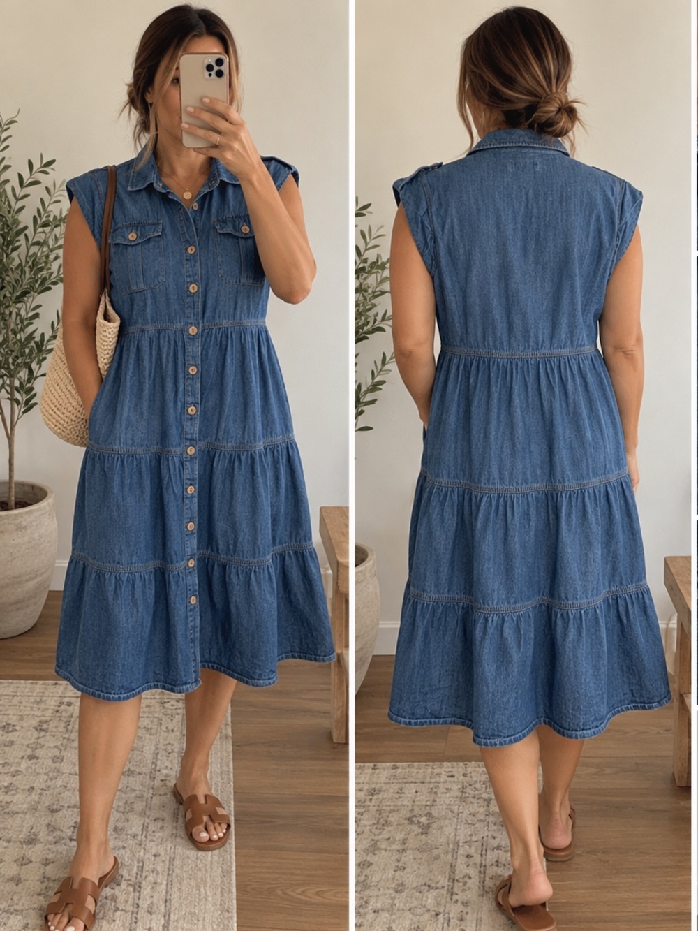 Rebellion Denim Tiered Button Front Midi Dress Size M